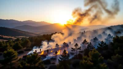 Rök stiger från en skogsbrand i Spanien sommaren 2026
