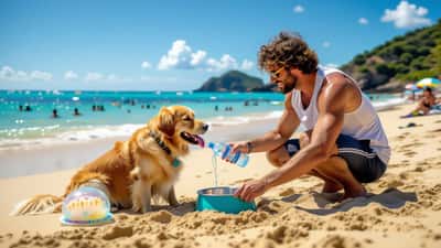 Cão ofegante na areia quente de uma praia portuguesa com uma alforreca na rebentação durante a onda de calor de 2026