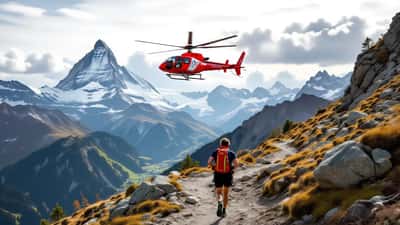 Hélicoptère de secours rouge en vol au-dessus d'un sentier alpin près de l'Eiger, à Grindelwald