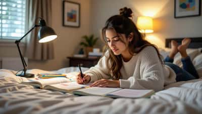 Estudiante latino estudiando con método kaizen en escritorio organizado, inspirado por la disciplina de la selección japonesa en el Mundial 2026