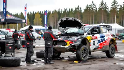 Sorateiden ralliauto tunkkien päällä huoltoparkissa, mekaanikot tarkastavat vaurioita