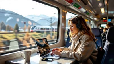 Reisender nutzt Laptop und Smartphone im WLAN eines neuen ÖBB Railjet Doppelstockzugs