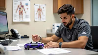 Jugador con dolor de muñeca sosteniendo un DualSense PS5 de GTA VI mientras un médico ortopédico examina su mano en una clínica de Miami