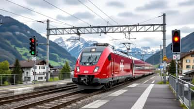 Passage à niveau suisse avec barrières et train des CFF en 2026