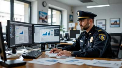 Agente della Polizia Postale italiana al lavoro su indagini informatiche davanti a monitor con evidenze digitali