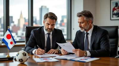 Sports attorney reviewing FIFA eligibility documents and dual passports in a New York City law office
