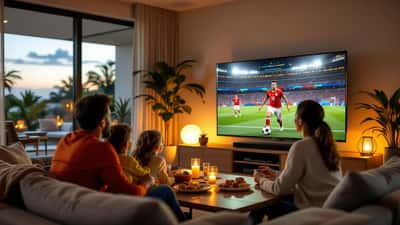 Família assistindo ao jogo da Holanda hoje ao vivo na sala de estar