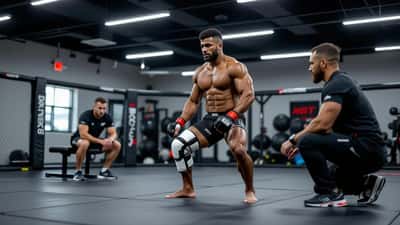 Athlète de MMA en rééducation post-chirurgie du genou dans une salle d'entraînement canadienne