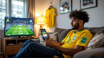 Torcedor brasileiro joga simulador 7 a 0 no celular em casa antes da Copa do Mundo 2026