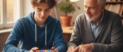 Adolescent avec téléphone et prof particulier l'aidant à se concentrer sur ses devoirs