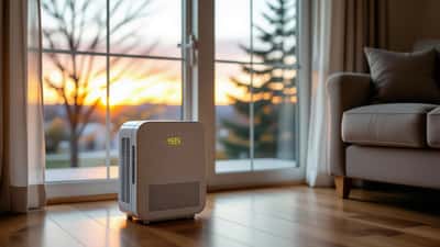 Portable HEPA air purifier running in a Pennsylvania living room with hazy wildfire smoke visible through the window