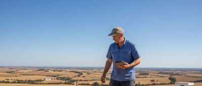 Técnico de construção inspeciona cobertura de casa no Alentejo sob sol intenso