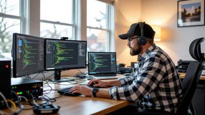 IT technician configuring a dual-WAN router and LTE backup modem in a home office, laptop showing network failure diagnostic