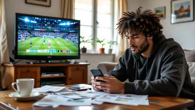 Torcedor brasileiro assistindo futebol ao vivo com celular exibindo aplicativo de apostas esportivas