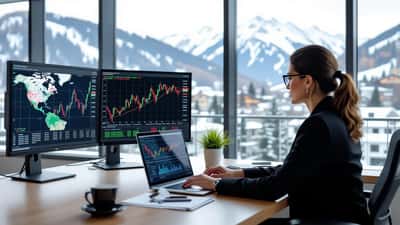 Femme consultant des graphiques de matières premières dans un bureau à Zurich, avec une carte climatique El Niño sur l'écran