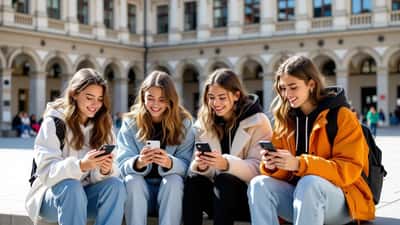 Drei Wiener Jugendliche diskutieren auf dem Schulhof über TikTok und Jugendsprache 2026