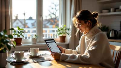 Nainen lukee digitaalista uutislehteä tabletilla, näytöllä evästesuostumus ja tietosuoja-asetukset keittiön pöydän ääressä.