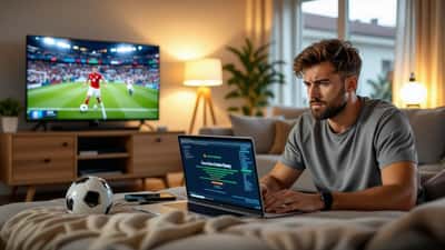 US soccer fan frustrated at laptop showing geo-block error while Barcelona match plays on TV behind him