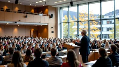 Professor holder foredrag i norsk universitetsaula under debatt om ytringsfrihet og ansattes rettigheter