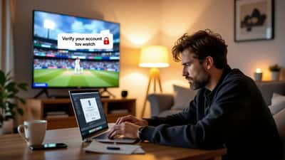 Worried cricket fan at a laptop showing a fake account-verification pop-up over an illegal England vs India stream