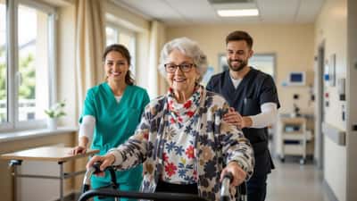 Medizinisches Personal in Wien mit Patientin — Rehabilitation nach Schenkelhalsbruch