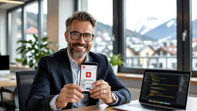 Professionnel IT tenant un smartphone avec identité numérique suisse dans un bureau à Berne