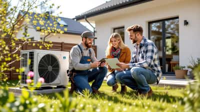 Handwerker erklärt Hausbesitzern die KfW-Wärmepumpen-Förderung 2026 am Garten-Heizungsmodul