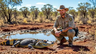 Wildlife officer examining crocodile trap near outback Queensland waterhole, red earth and mulga scrub
