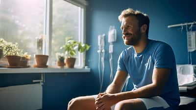 Dansk badmintonspiller sidder på behandlingsbord med smerter i ryggen på et sportsmedicinsk klinik