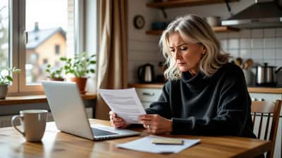 Kvinna granskar misstänkt prenumerationsfaktura och bluffmejl på sin laptop vid köksbordet