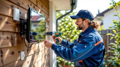 Handwerker montiert Outdoor-TV-Halterung auf Holzterrasse für WM-Viertelfinale-Viewing-Party
