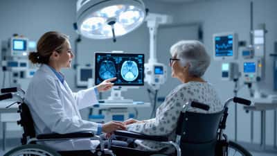 Femme en fauteuil roulant lors d'une consultation neurologique, IRM lombaire en arrière-plan, syndrome de la queue de cheval