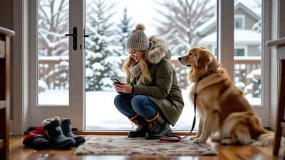 Canadian dog owner checking a weather app at the door beside a golden retriever in winter