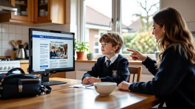 Child in school uniform reading news on tablet at kitchen table in UK home, September 2026