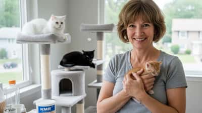 Woman cradling a rescue kitten in a home foster care room with cats in background and veterinary supplies on the counter