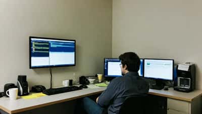 IT security professional reviewing cybersecurity dashboards and gaming account alerts on multiple screens in a Melbourne office