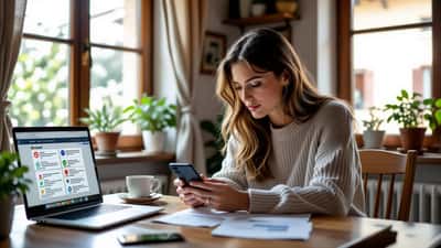 Donna italiana che esamina messaggi SMS politici sullo smartphone con schermo privacy aperto sullo sfondo