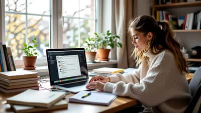 Dansk gymnasieelev studerer ved bærbar computer med en chatbot åben under eksamensforberedelse