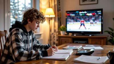 Nuori suomalainen oppilas laskee jääkiekon tilastoja vihkoon television edessä