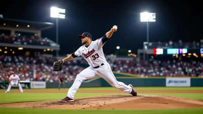 Baseball pitcher mid-delivery releasing a fastball under stadium floodlights