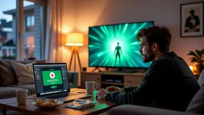 Canadian man in apartment living room looking at laptop with VPN warning while superhero show streams on TV in background