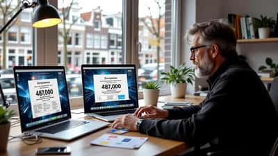 Man in thuiskantoor kijkt bezorgd naar laptop met nep-Eurojackpot-winnersmail op scherm