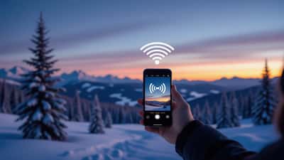 Person checking smartphone in remote Canadian wilderness with satellite overhead
