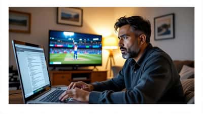 South Asian man alarmed by suspicious browser pop-up while cricket match plays on TV in background