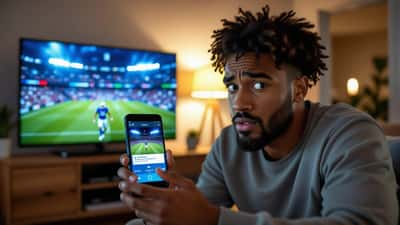 Torcedor brasileiro olha para smartphone com site falso de classificações de futebol, rosto iluminado pela tela