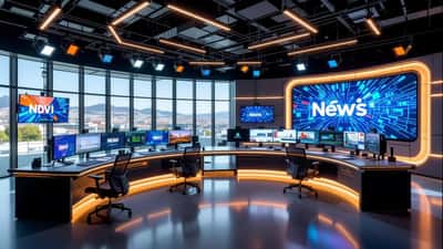 Estúdio de televisão moderno com ecrãs e equipamento de transmissão da TVI em 2026