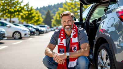 Fan prüft vor der Fahrt zum LASK-Spiel gegen Fortuna Düsseldorf die Reifen seines Autos