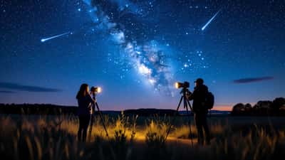 Astrophotographer with a tripod-mounted camera aimed at a starry night sky during the Perseid meteor shower