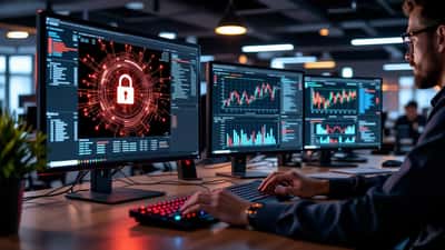 IT security professional monitoring threat dashboard in computer security laboratory