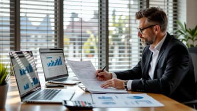 Australian accountant and business owner reviewing an asset-transfer valuation report across an office desk